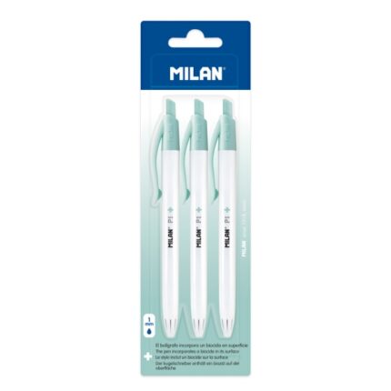 Milan P1 + Confezione da 3 penne a sfera retrattili - Inchiostro blu - Punta rotonda da 1 mm - Superficie antibatterica - Colore bianco