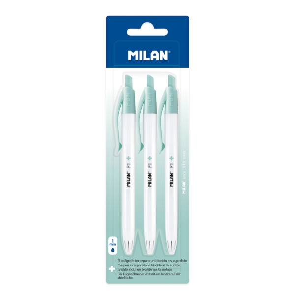 Milan P1 + Confezione da 3 penne a sfera retrattili - Inchiostro blu - Punta rotonda da 1 mm - Superficie antibatterica - Colore bianco