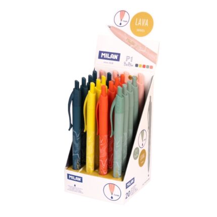 Milan P1 Lava Espositore con 20 penne a sfera retrattili - Punta rotonda 1 mm - Inchiostro blu - Colori assortiti