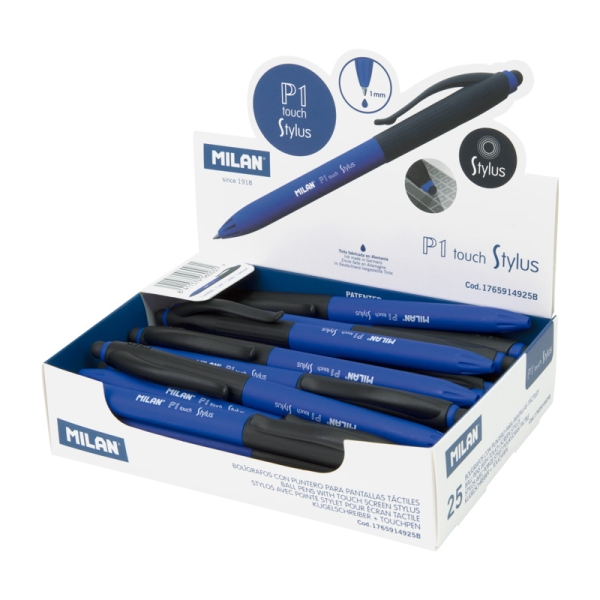 Espositore Milan P1 Stylus con 25 penne a sfera retrattili - Inchiostro blu - Punta rotonda 1 mm - Colore blu