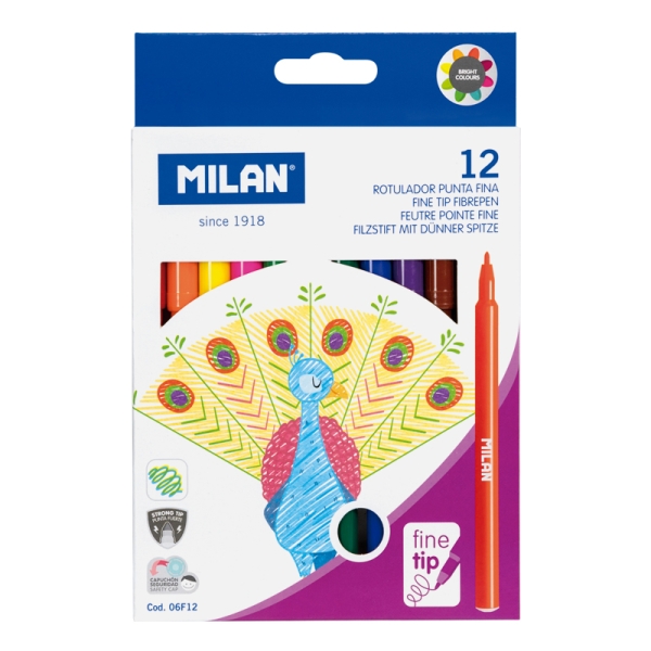 Milan Confezione da 12 pennarelli - Inchiostro a base d'acqua - Punta fine 2 mm - 154 mm - Colori assortiti