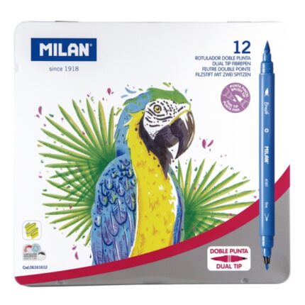 Milan Confezione da 12 pennarelli a doppia punta - Scatola metallica - Punta fine 2 mm - Pennello da 0