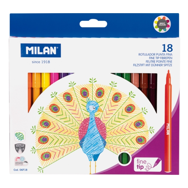 Milan Confezione da 18 pennarelli - Inchiostro a base d'acqua - Punta fine 2 mm - 154 mm - Colori assortiti Milan Confezione da 18 pennarelli - Inchiostro a base d'acqua - Punta fine 2 mm - 154 mm - Colori assortiti