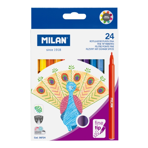 Milan Confezione da 24 pennarelli - Inchiostro a base d'acqua - Punta fine 2 mm - 154 mm - Colori assortiti