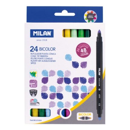 Milan Confezione da 24 pennarelli bicolori - Inchiostro a base d'acqua - Punta conica da 5 mm - Colori assortiti