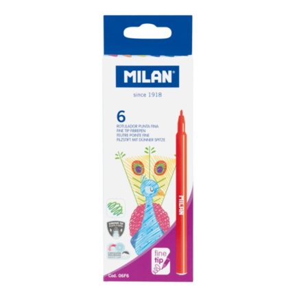 Milan Confezione da 6 pennarelli - Inchiostro a base d'acqua - Punta fine 2 mm - 154 mm - Colori assortiti