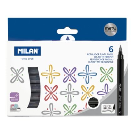 Milan Confezione da 6 pennarelli a punta pennello colori metallizzati - Inchiostro a base d'acqua - Punta pennello da 0