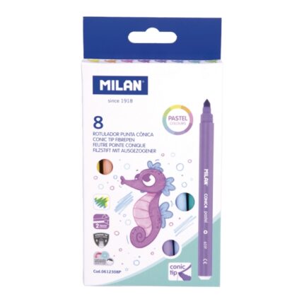 Milan Confezione da 8 pennarelli - Inchiostro a base d'acqua - Punta conica da 5 mm - Colori pastello assortiti