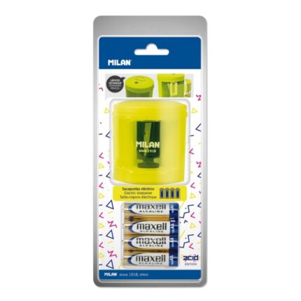 Milan Power-Sharp Acid Temperamatite elettrico - Batterie incluse - Serbatoio integrato - Lama di sicurezza in acciaio al carbonio - Colore giallo