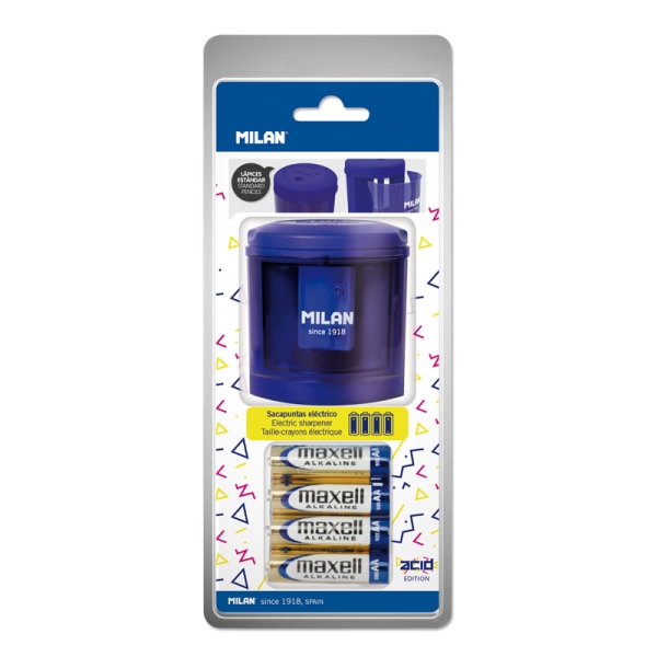 Milan Power-Sharp Acid Temperamatite elettrico - Batterie incluse - Serbatoio integrato - Lama di sicurezza in acciaio al carbonio - Colore blu