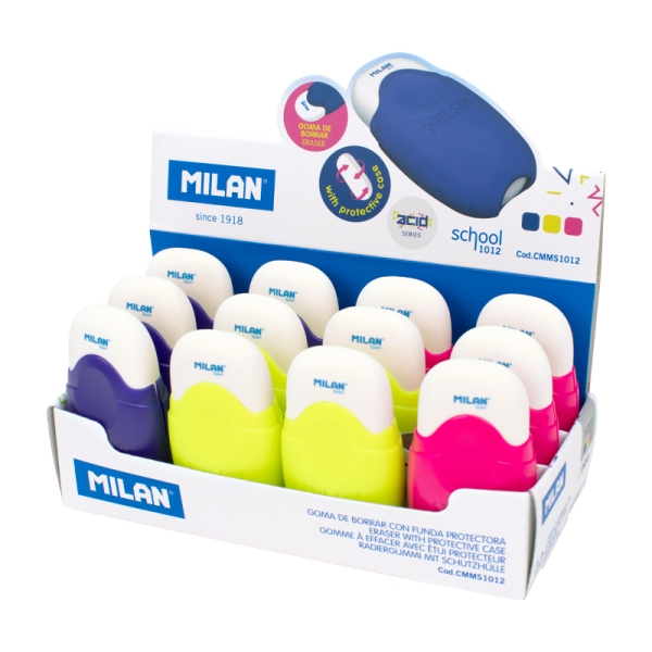 Milan School Espositore con 12 gomme con custodia protettiva - Briciole di pane - Gomma sintetica - Colori assortiti