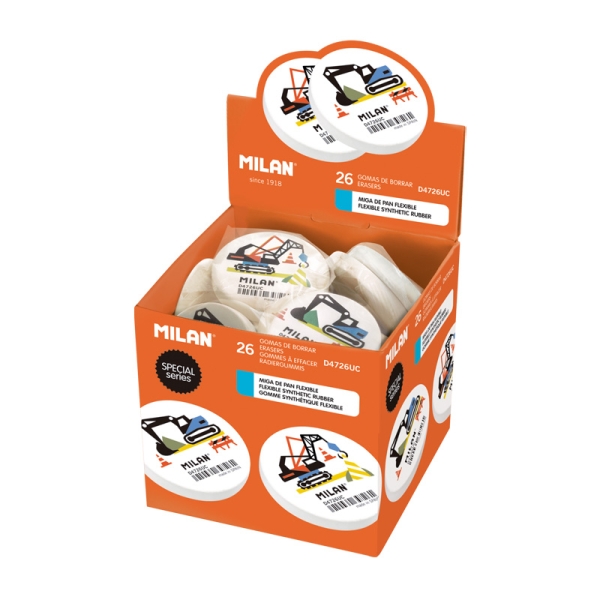 Milan Special Espositore con 26 gomme rotonde - a forma di briciola di pane - gomma sintetica - flessibile - colore bianco