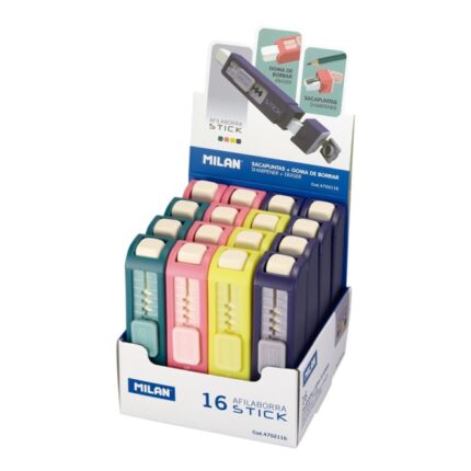 Milan Stick Espositore con 16 temperamatite - Gomma lunga - Serbatoio integrato - Lama di sicurezza in acciaio - Colori assortiti