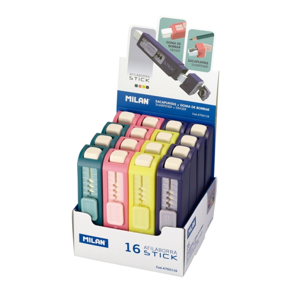 Milan Stick Espositore con 16 temperamatite - Gomma lunga - Serbatoio integrato - Lama di sicurezza in acciaio - Colori assortiti