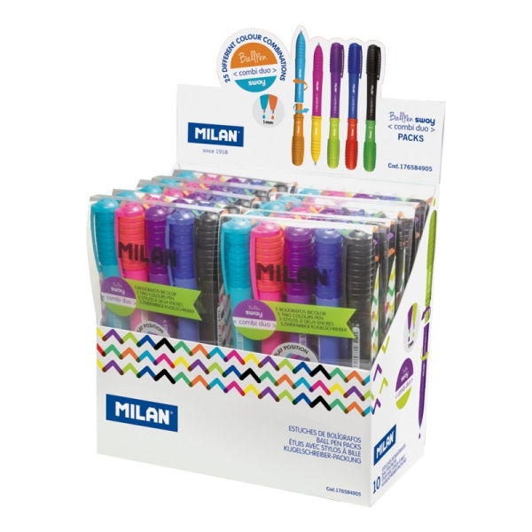 Milan Sway Combi Duo Espositore con 10 astucci da 5 penne a sfera retrattili - Punta tonda 1 mm - Doppia punta intercambiabile - Colori assortiti