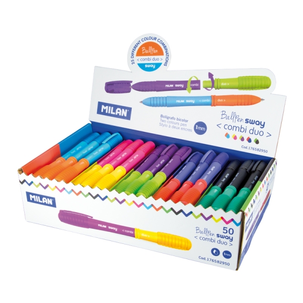 Milan Sway Combi Duo Espositore con 50 penne a sfera retrattili - Punta tonda 1 mm - Doppia punta intercambiabile - Colori assortiti