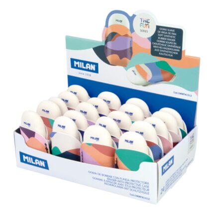 Milan The Fun 1012 Espositore con 24 gomme da cancellare con custodia - a forma di briciola di pane - gomma sintetica - ovali - colori assortiti