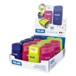 Milan Tri Acid Espositore con 16 temperamatite - Gomma triangolare - Serbatoio integrato - Lama di sicurezza in acciaio - Colori assortiti