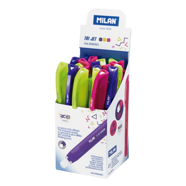 Milan Tri Jet Acid Espositore con 21 portagomme automatici - Triangolari - Colori assortiti
