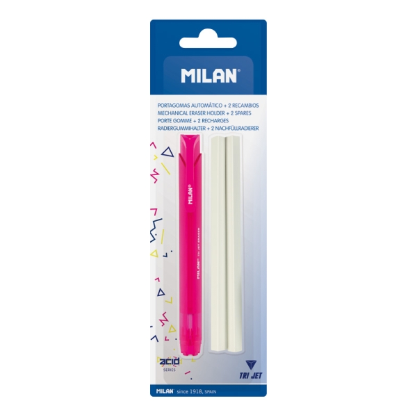 Milan Tri Jet Acid Portagomme Automatico - Triangolare - 2 Gomme di Ricambio - Colori Assortiti Casuali