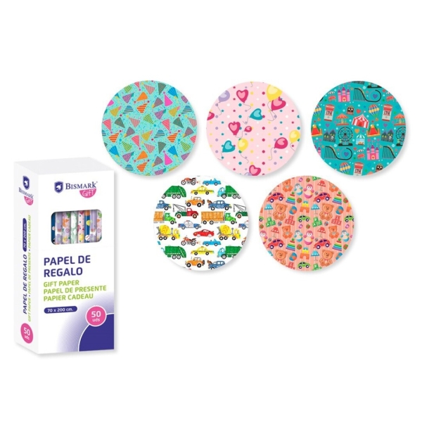 Bismark Kids Rotolo di carta da regalo - Dimensioni 70 cm x 200 cm - 5 diversi disegni