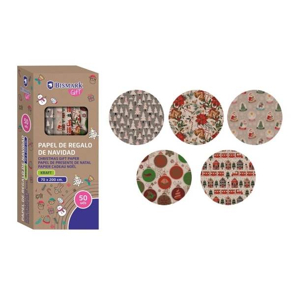 Bismark Kraft Natale Rotolo di carta kraft da regalo - Dimensioni 70 cm x 200 cm - 5 disegni diversi