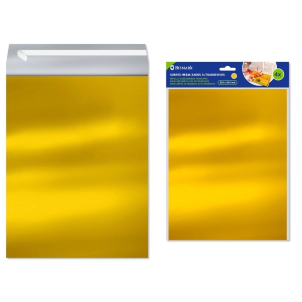Bismark Confezione da 4 buste metallizzate - Dimensioni 324x254 mm - Chiusura autoadesiva - Ideali per regali - Colore oro