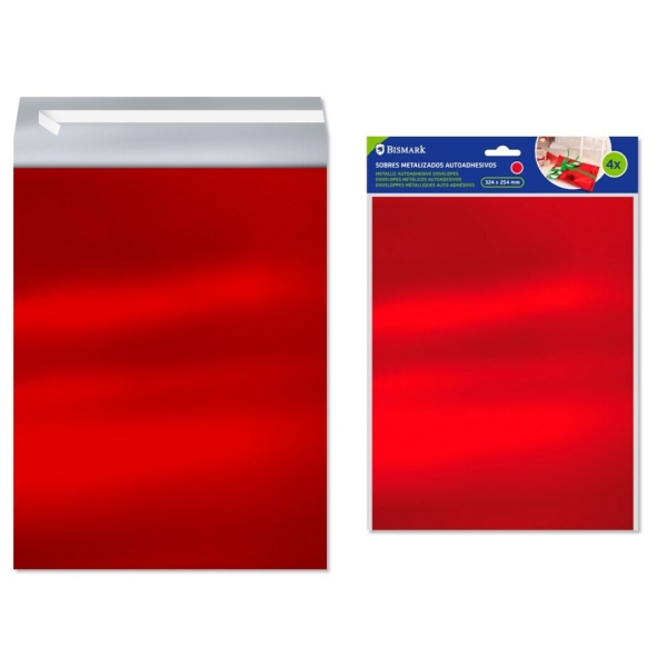 Bismark Confezione da 4 buste metallizzate - Dimensioni 324x254 mm - Chiusura autoadesiva - Ideale per regali - Colore rosso metallizzato