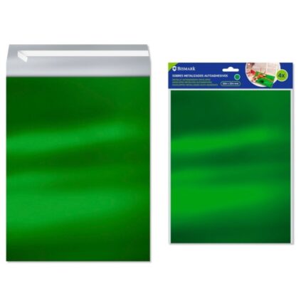Bismark Confezione da 4 buste metallizzate - Dimensioni 324x254 mm - Chiusura autoadesiva - Ideale per regali - Colore verde metallizzato