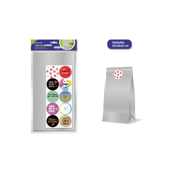Bismark Confezione da 10 buste in carta kraft da 50 g con 10 adesivi per la chiusura - Dimensioni 19x36x6 cm - Ideale per regali - Colore argento