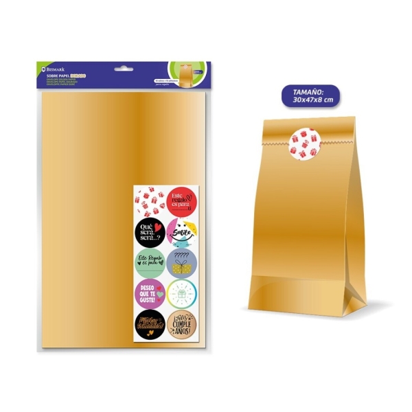 Bismark Confezione da 10 buste in carta kraft da 50 g con 10 adesivi per la chiusura - Dimensioni 30x47x8 cm - Ideale per regali - Colore oro
