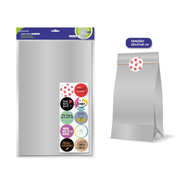 Bismark Confezione da 10 buste in carta kraft da 50 g con 10 adesivi per la chiusura - Dimensioni 30x47x8 cm - Ideale per regali - Colore argento