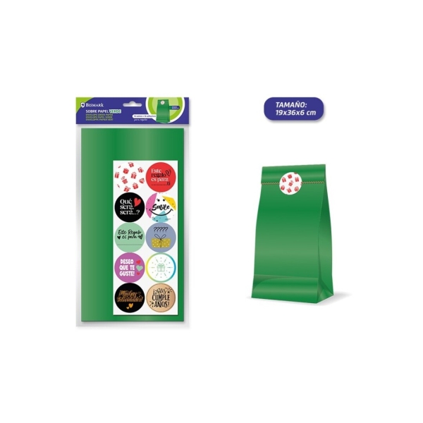 Bismark Confezione da 10 buste in carta kraft da 50 g con 10 adesivi per la chiusura - Dimensioni 19x36x6 cm - Ideale per regali - Colore verde