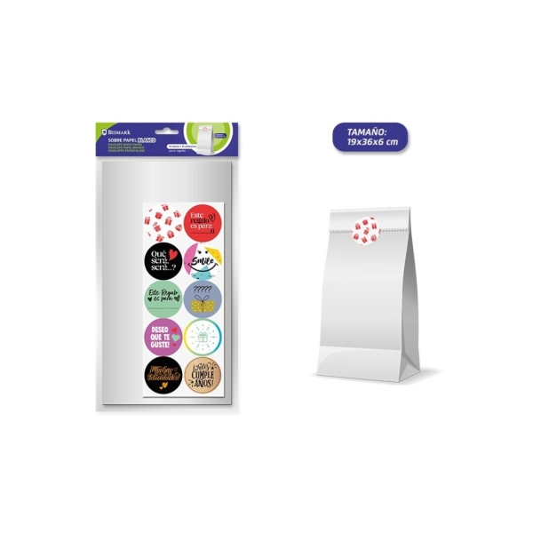 Bismark Confezione da 10 buste in carta Kraft da 50 g con 10 adesivi per la chiusura - Dimensioni 19x36x6 cm - Ideale per regali - Colore bianco