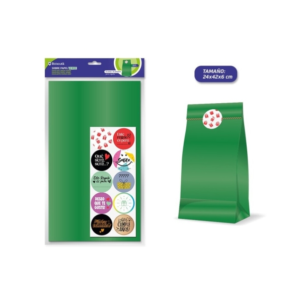 Bismark Confezione da 10 buste in carta kraft da 50 g con 10 adesivi per la chiusura - Dimensioni 24x42x6 cm - Ideale per regali - Colore verde