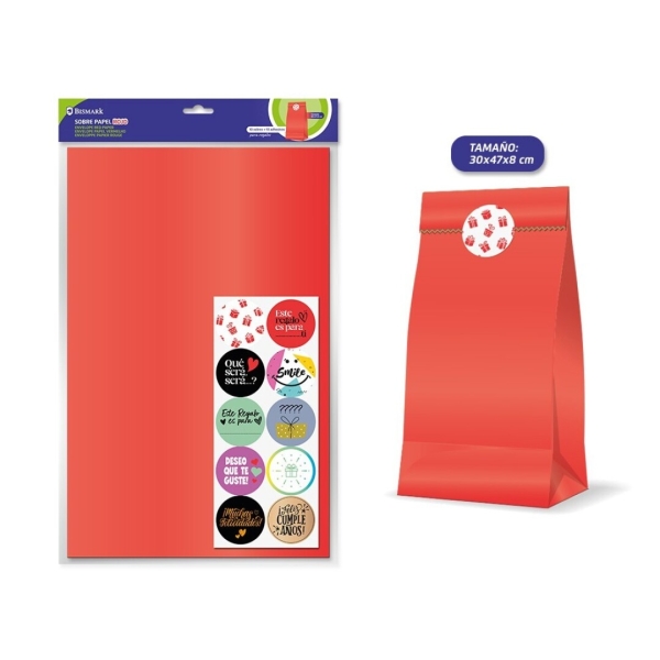 Bismark Confezione da 10 buste in carta kraft da 50 g con 10 adesivi per la chiusura - Dimensioni 30x47x8 cm - Ideale per regali - Colore rosso