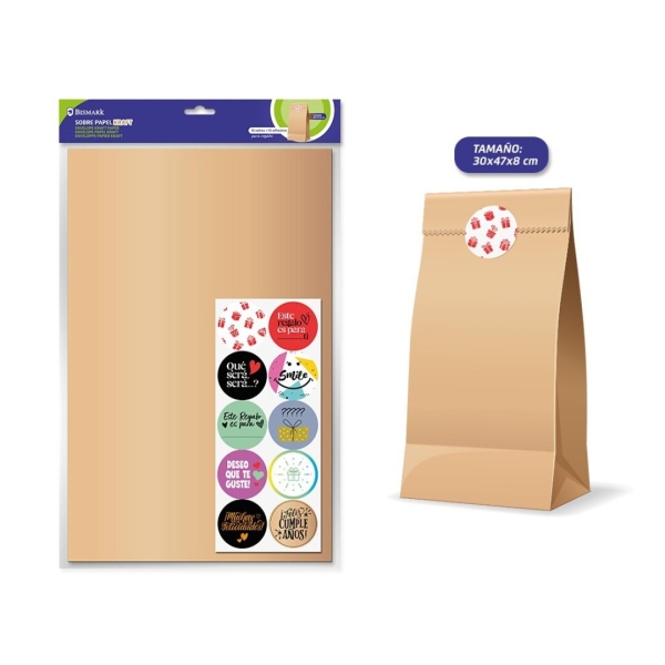 Bismark Confezione da 10 buste in carta Kraft da 50 g con 10 adesivi per la chiusura - Dimensioni 30x47x8 cm - Ideale per regali - Colore marrone Kraft