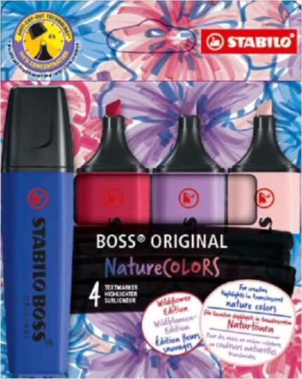 Stabilo Boss Naturecolors Wildflower Edition Confezione da 4 pennarelli - Tratto da 2 a 5 mm - Inchiostro a base d'acqua - Colori: blu marino