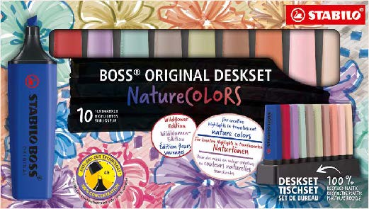 Stabilo Boss Naturecolors Confezione da 10 pennarelli da scrivania - Include i 4 nuovi colori Wildflower - Tratto da 2 a 5 mm - Inchiostro a base d'acqua - Colori assortiti