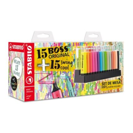Stabilo Set da tavolo con 15 pennarelli Stabilo Boss e 15 pennarelli Swing Cool - Inchiostro a base d'acqua - Colori assortiti