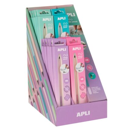 Apli Infinite Pencil Nordik Espositore con 20 confezioni di matite Infinito HB + mina di ricambio + cappuccio protettivo - Per scrivere fino a 16 km - Colori assortiti