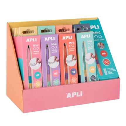 Espositore Apli Mini Infinite Pencil con 20 confezioni di mini matite infinite HB + mina di ricambio + cappuccio protettivo - Per scrivere fino a 16 km - Colori assortiti tricolori