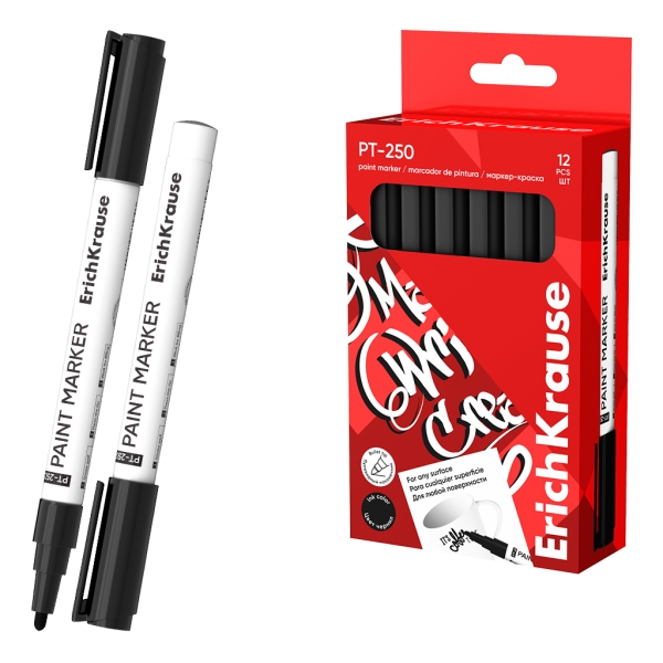Erichkrause PT-250 Pennarello per vernice - Punta a forma di proiettile - Tratto da 1-2 mm - Sistema di erogazione dell'inchiostro a valvola - Inchiostro a base di olio - Corpo in alluminio resistente - Colore nero
