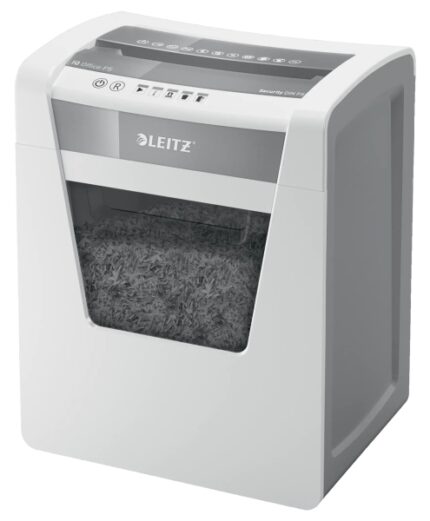 Leitz IQ Office P5 Distruggidocumenti a microtaglio P-5 - Distrugge fino a 10 fogli - Capacità del cestino 23 L - 2 ore di funzionamento ininterrotto - Colore bianco/grigio