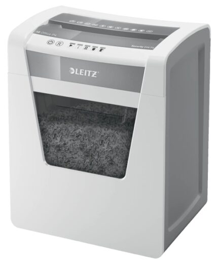 Leitz IQ Office P4 Distruggidocumenti a taglio confetti P-4 - Distrugge fino a 15 fogli - Capacità del cestino 23 L - 2 ore di funzionamento ininterrotto - Colore bianco/grigio