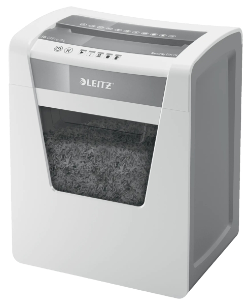 Leitz IQ Office P4 Distruggidocumenti a taglio confetti P-4 - Distrugge fino a 15 fogli - Capacità del cestino 23 L - 2 ore di funzionamento ininterrotto - Colore bianco/grigio