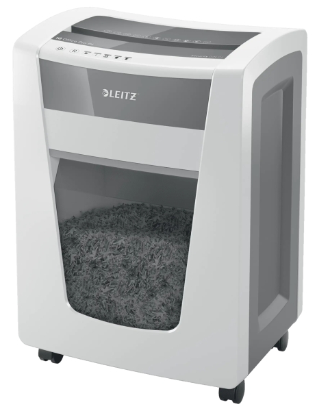 Leitz IQ Office Pro P4 Distruggidocumenti a taglio confetti P-4 - Distrugge fino a 20 fogli - Capacità del cestino 30 L - 4 ore di funzionamento ininterrotto - Colore bianco/grigio