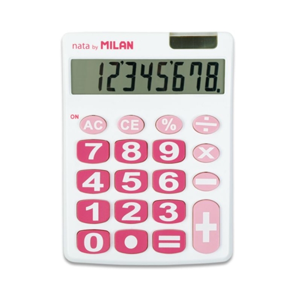 Milan Nata Calcolatrice da tavolo a 8 cifre - Tasti grandi - Spegnimento automatico - Colore bianco e rosa