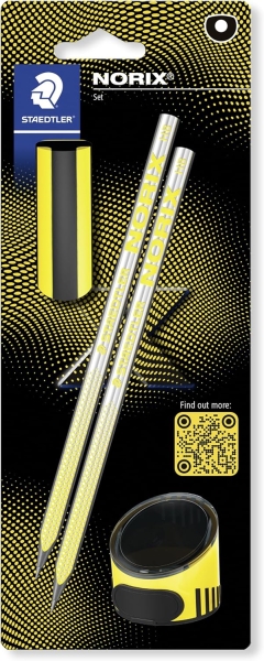 Staedtler Norix Confezione da 2 matite in grafite HB + gomma + temperino - Legno nero - Design intelligente