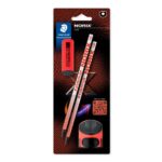 Staedtler Norix Confezione da 2 matite in grafite HB + gomma + temperino - Legno nero - Design intelligente